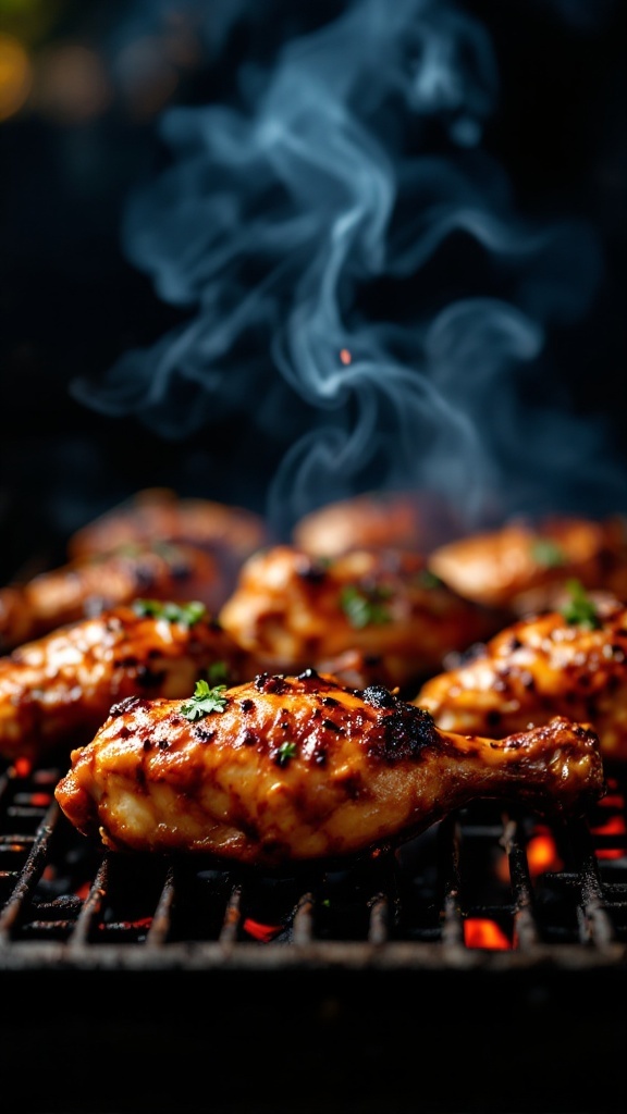 Grilled chicken drumsticks with a smoky glaze and garnish.