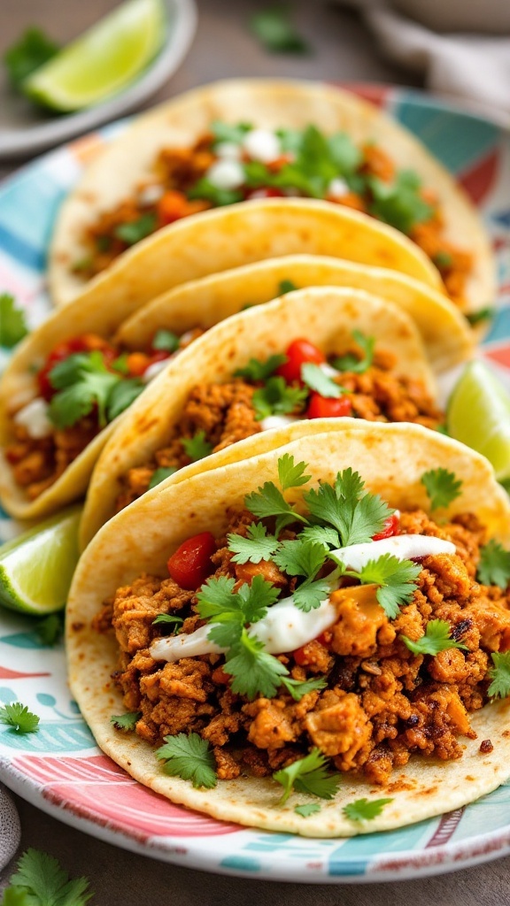 Smoky Chipotle Ground Chicken Tacos garnished with cilantro and served on colorful plates.