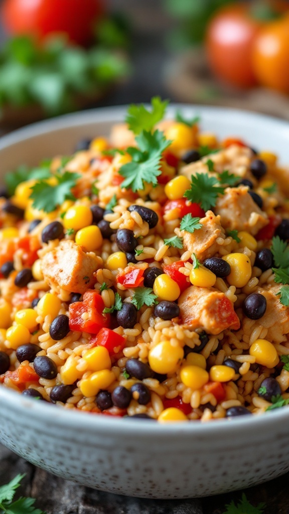 A colorful Southwestern Chicken and Rice Casserole featuring chicken, rice, black beans, corn, and topped with fresh cilantro.