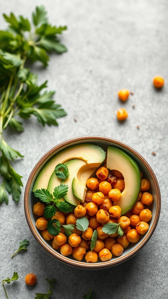 A bowl filled with spiced chickpeas and sliced avocado, garnished with fresh herbs.