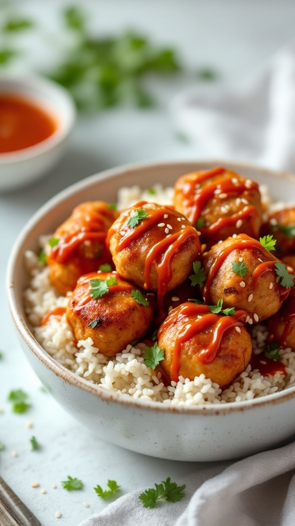 Spicy Asian Chicken Meatballs with Sweet Chili Sauce served over rice