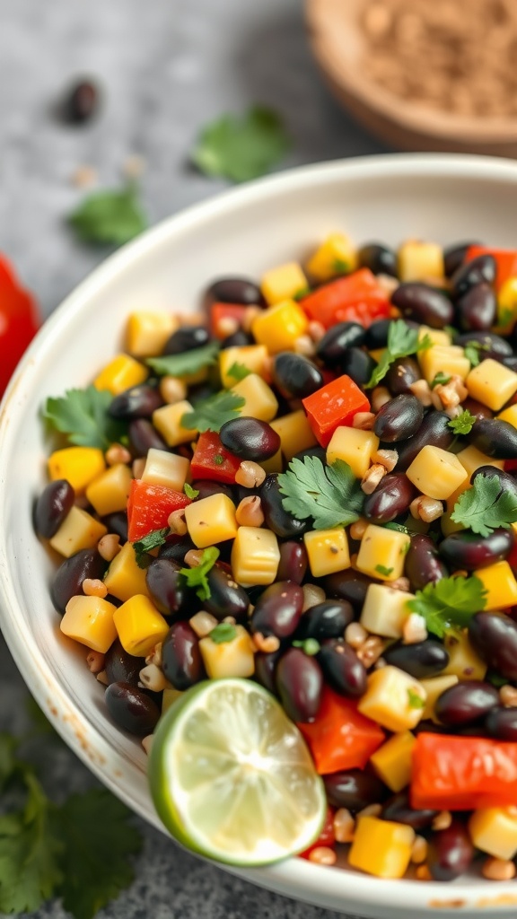 A vibrant bowl of spicy black bean salad with black beans, corn, red peppers, and lime.