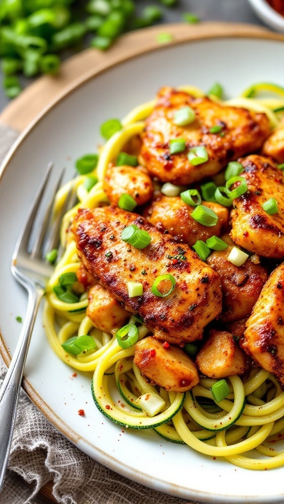 Spicy Cajun chicken served with zucchini noodles and garnished with green onions.