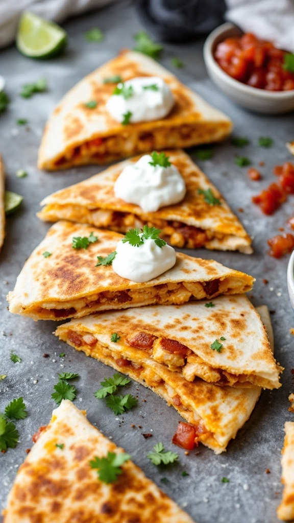 Delicious spicy chicken bacon quesadillas stacked with toppings.