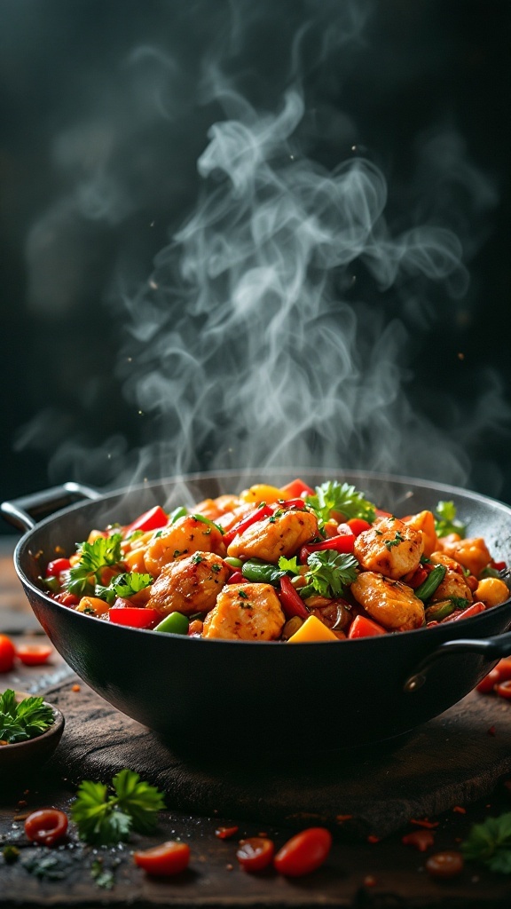 A vibrant bowl of spicy chicken stir-fry with colorful vegetables