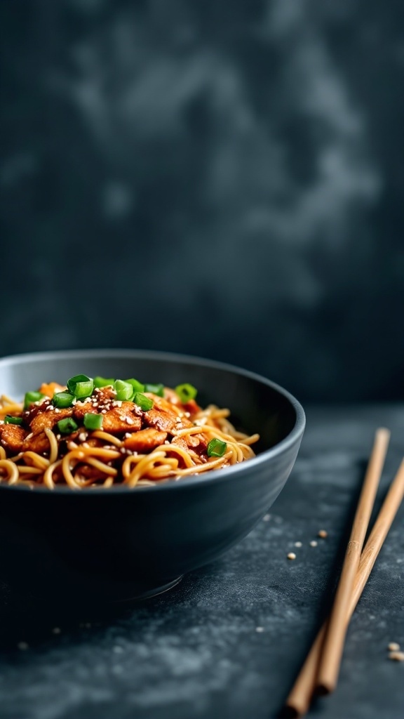 Bowl of spicy chicken teriyaki noodles topped with sesame seeds and green onions