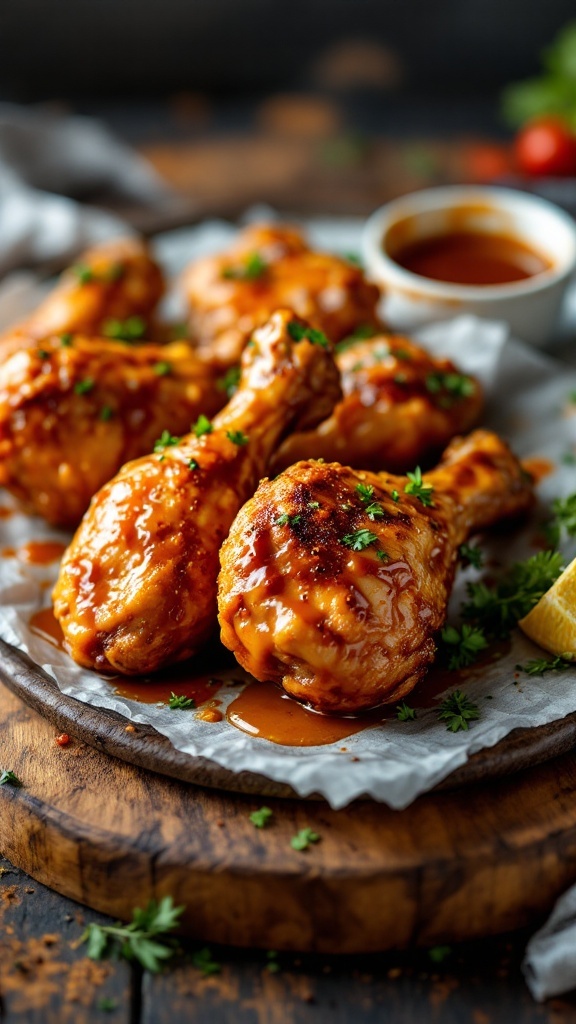 Deliciously glazed spicy honey mustard chicken drumsticks on a wooden plate garnished with parsley.