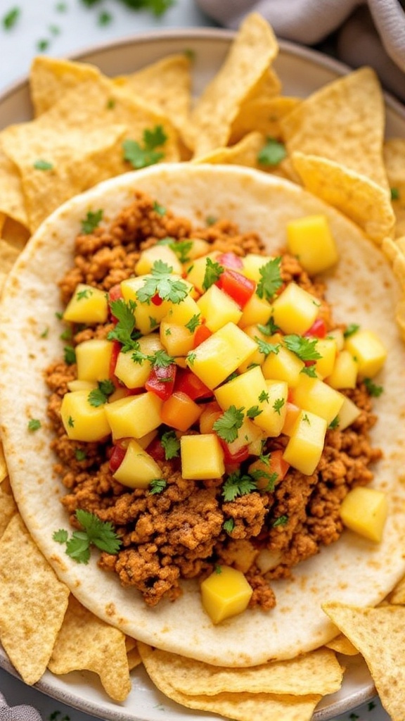 A plate of Spicy Pineapple Salsa Tacos with ground chicken and fresh toppings.