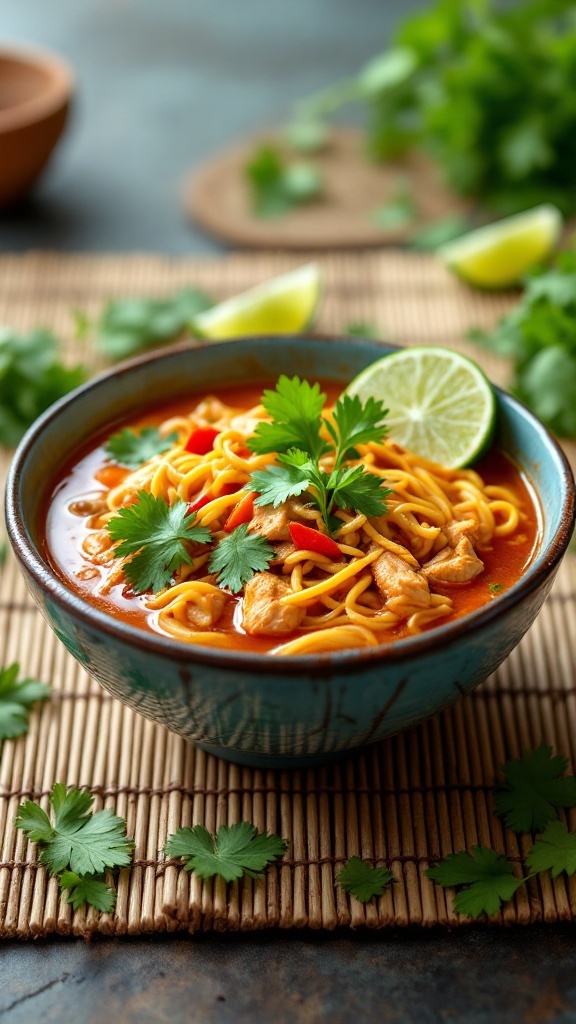 A bowl of spicy Thai chicken noodle soup garnished with cilantro and lime.