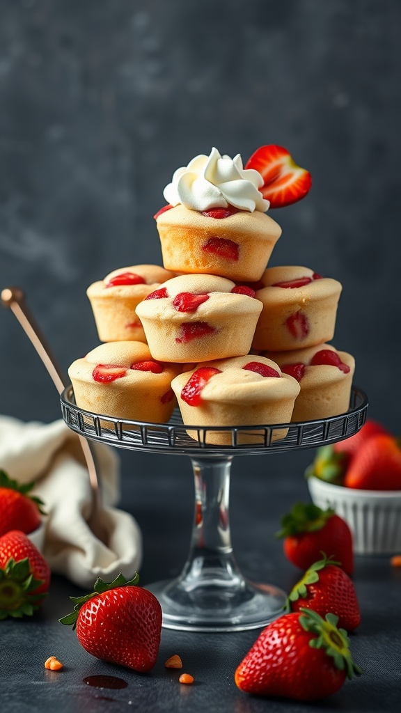 Strawberry Shortcake Pancake Bites stacked on a cake stand with fresh strawberries around