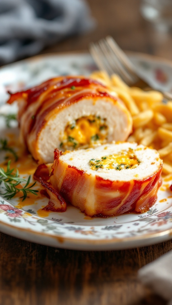 Stuffed chicken breast wrapped in bacon with a cheesy filling