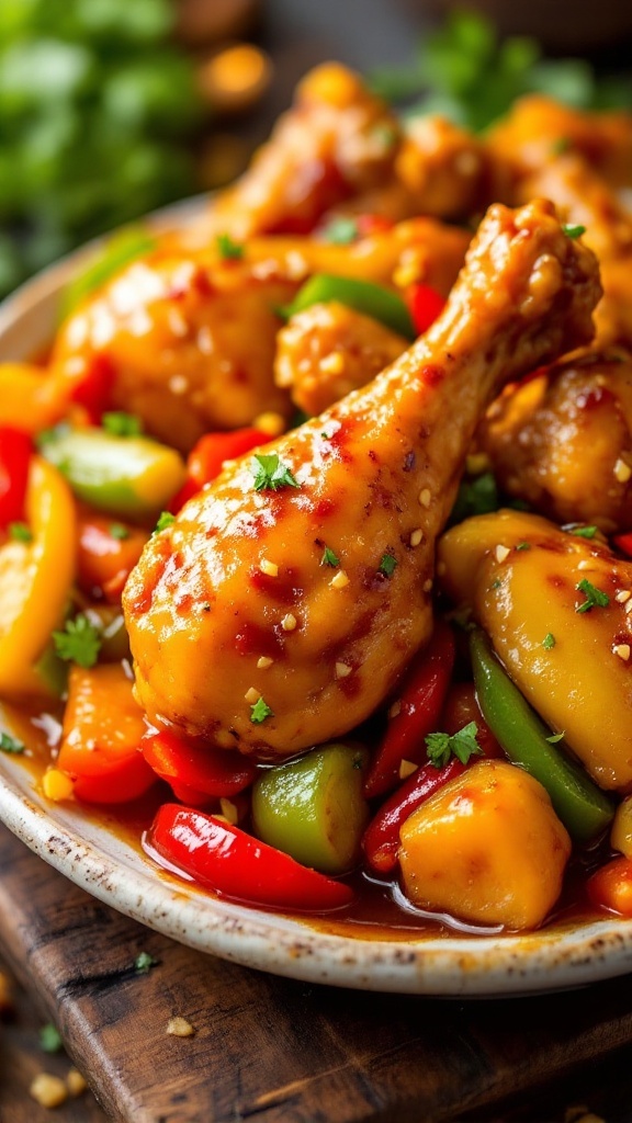 Sweet and sour chicken drumsticks with colorful vegetables