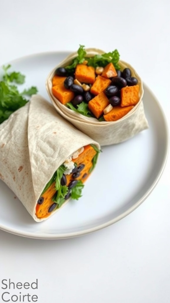 A sweet potato and black bean wrap on a plate, showcasing vibrant colors and fresh ingredients.