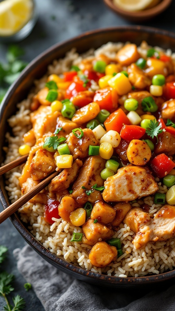 A bowl of Teriyaki Chicken and Rice Bowl Casserole with colorful veggies and rice.