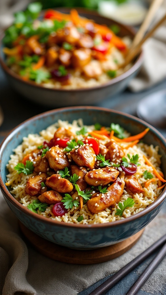 Teriyaki chicken and vegetable rice bowls with sesame seeds and green onions