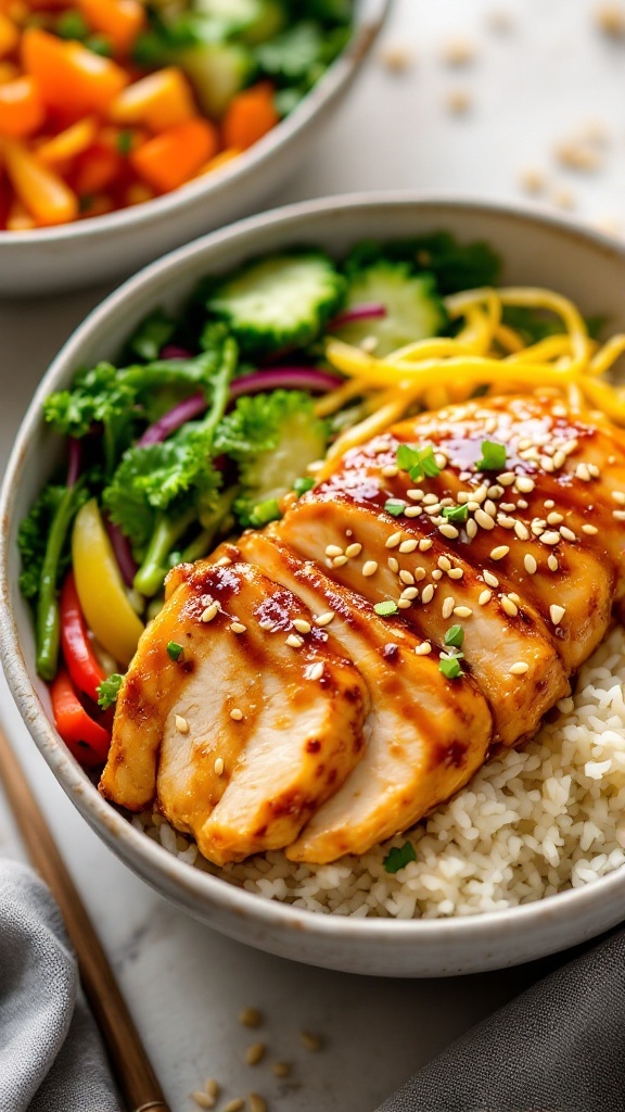 Teriyaki chicken bowls with sliced chicken, rice, and colorful vegetables.