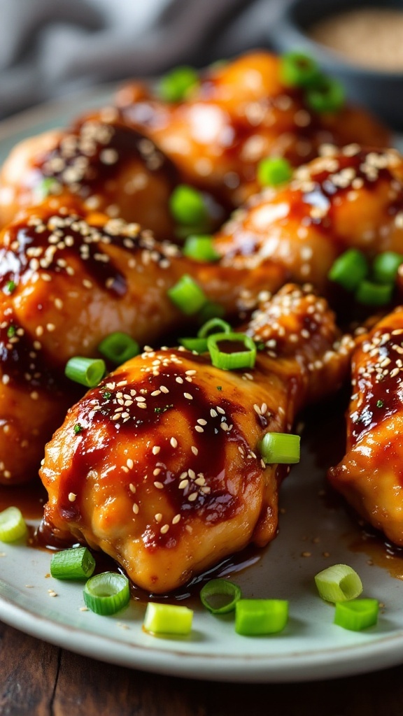 A plate of teriyaki chicken drumsticks garnished with green onions and sesame seeds.