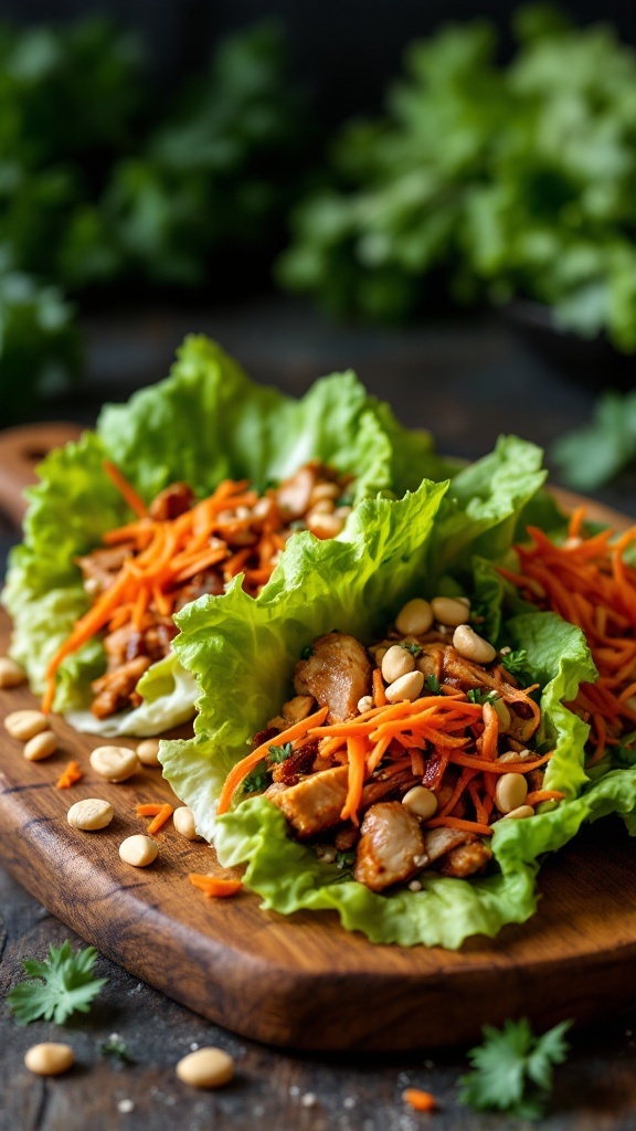 Teriyaki Chicken Lettuce Wraps with shredded carrots and peanuts