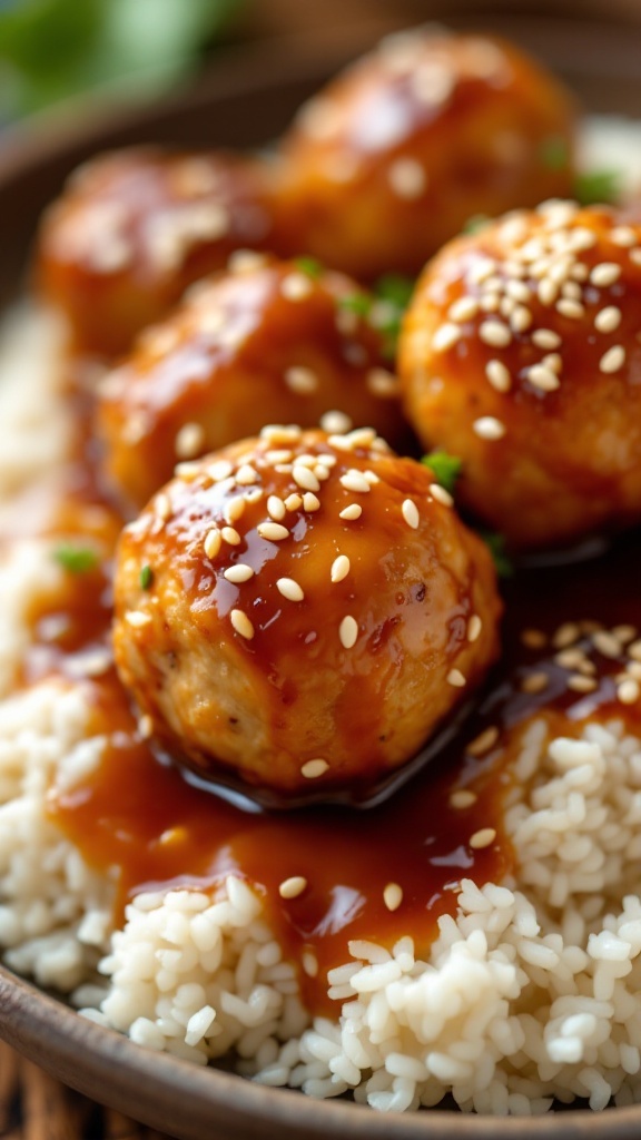 A delicious serving of Teriyaki Chicken Meatballs with sesame sprinkles on rice.