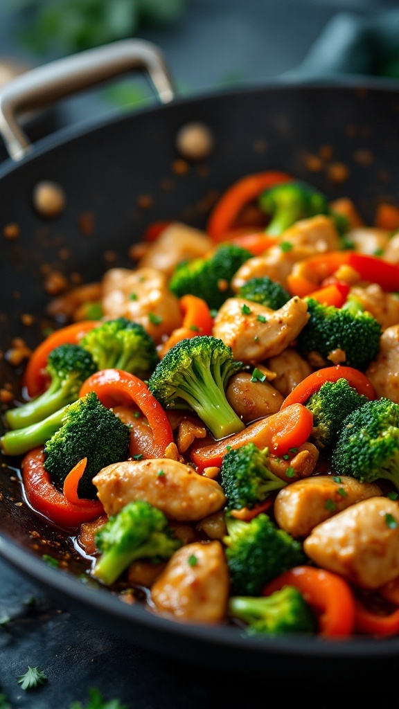 Teriyaki chicken stir-fry with broccoli and red bell peppers in a skillet