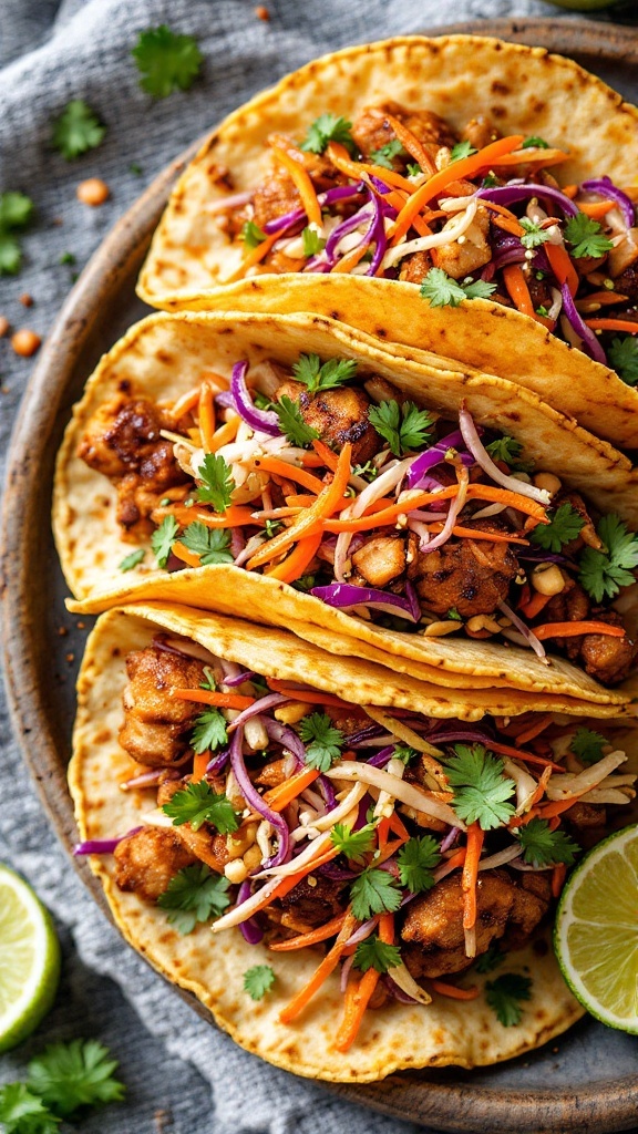 Teriyaki chicken tacos topped with colorful Asian slaw and cilantro.