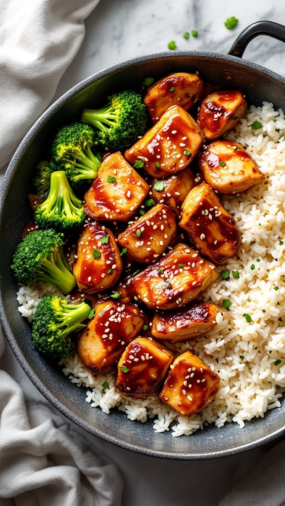 A delicious plate of teriyaki chicken with broccoli, served over rice, garnished with sesame seeds.