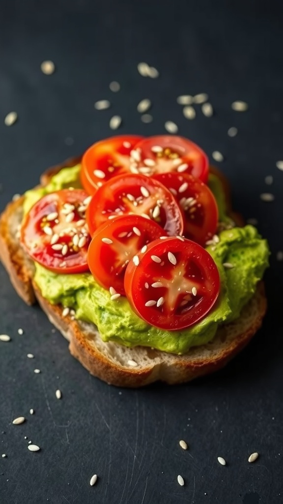 A slice of toasted bread topped with mashed avocado and sliced tomatoes, sprinkled with sesame seeds.