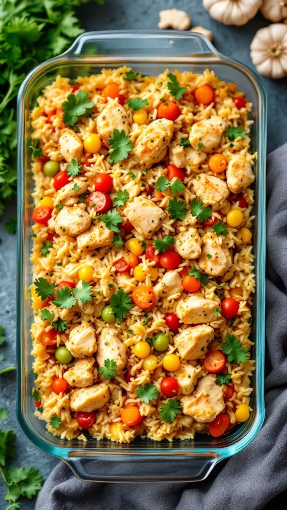 A colorful chicken and rice casserole topped with fresh herbs.