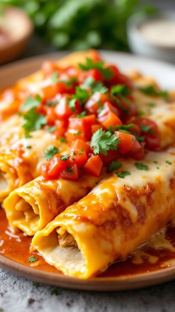 Delicious Zesty Chicken Enchiladas topped with tomatoes and cilantro