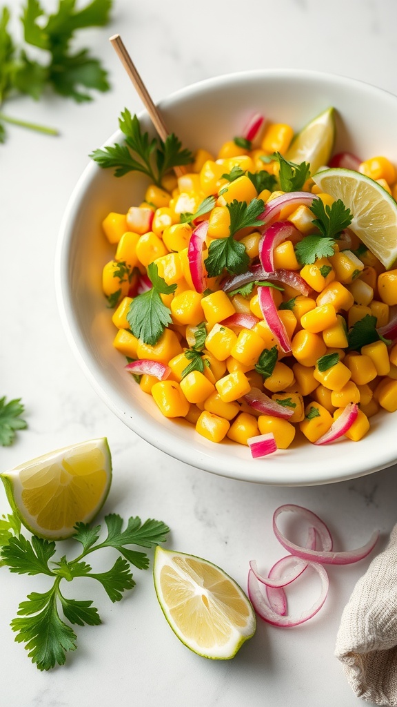 A bowl of zesty corn salad with yellow corn, red onions, cilantro, and lime slices.