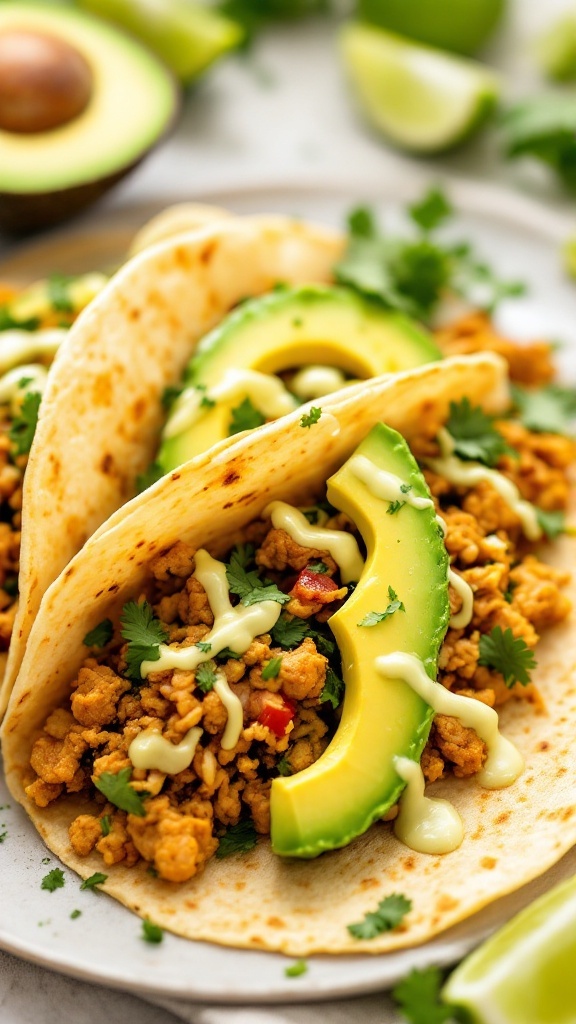 Ground chicken tacos with avocado and lime