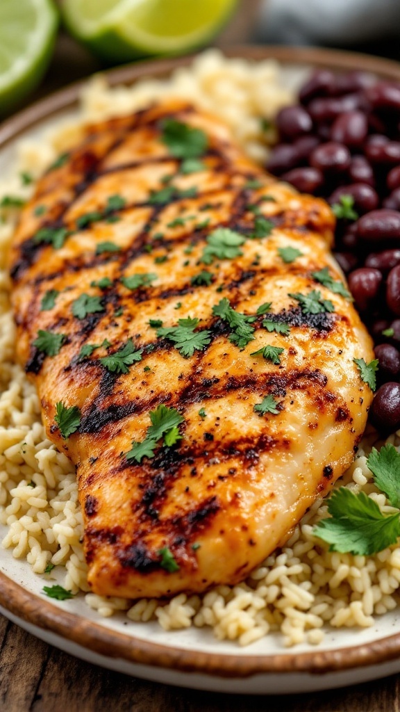 Delicious grilled chicken breast with lime and cilantro served on rice with black beans