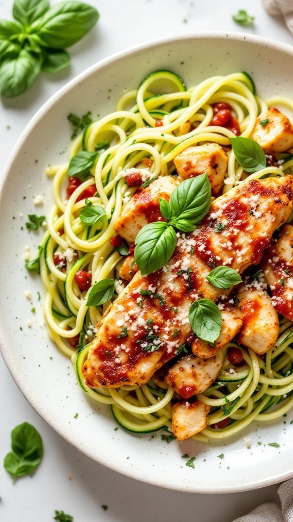 A plate of zucchini noodles topped with chicken parmesan, garnished with fresh basil.