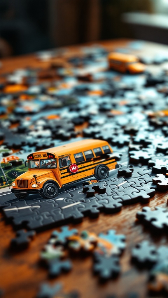 A colorful bus-themed puzzle partially completed on a wooden table with scattered puzzle pieces.