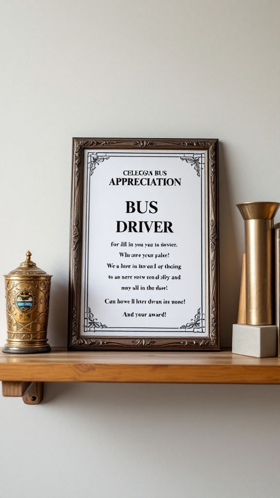 A framed bus driver appreciation plaque on a wooden shelf.