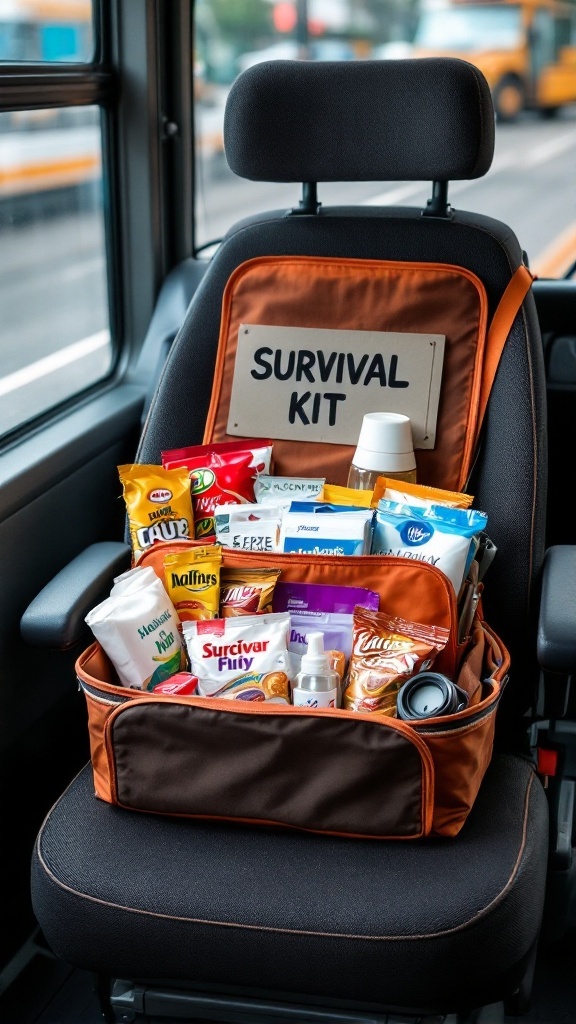 A survival kit filled with snacks and essentials on a bus driver's seat.