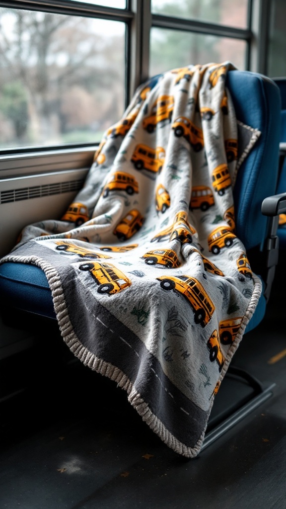 A cozy throw blanket with bus illustrations draped over a seat.