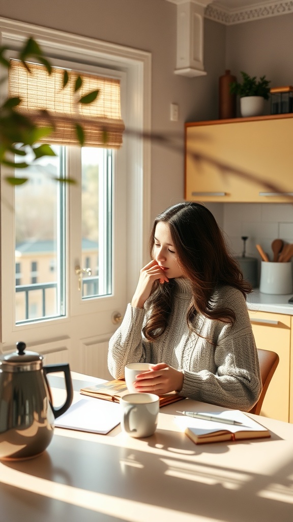 A woman in a cozy sweater sits at a kitchen table, holding a cup and looking thoughtful, with natural light illuminating the space.