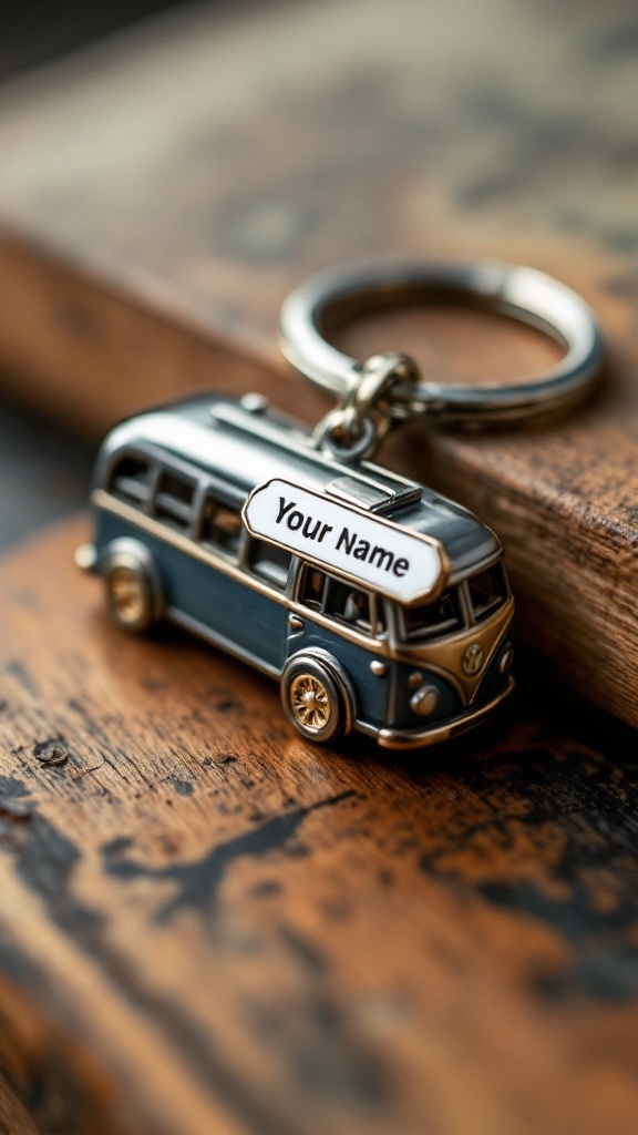 A custom keychain shaped like a bus, resting on a wooden surface next to keys.