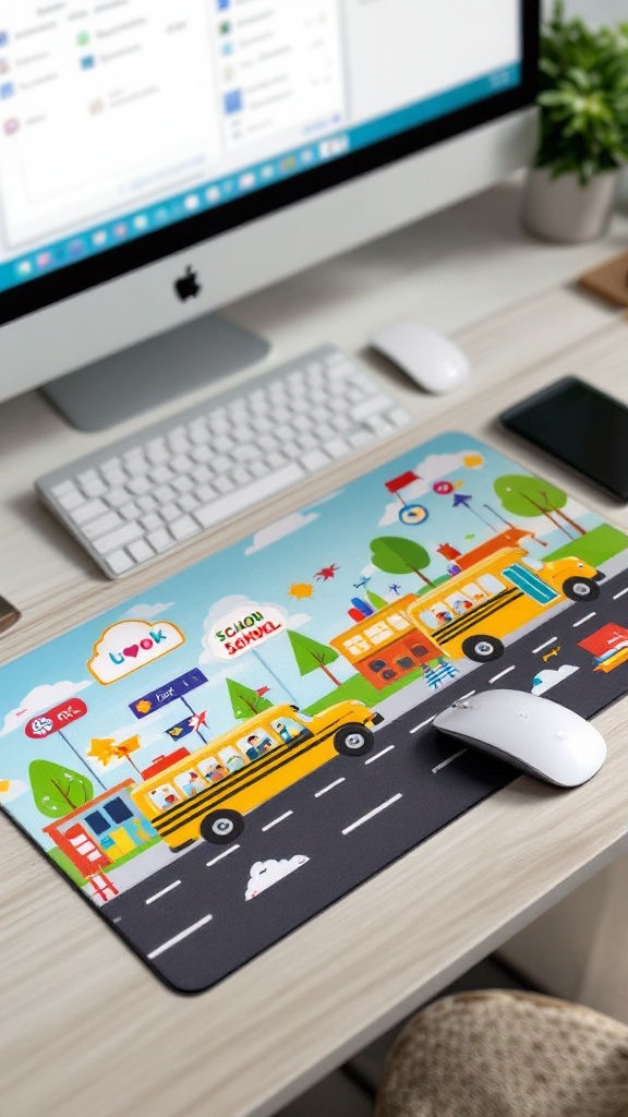 A colorful customized mouse pad featuring a bus design, placed beside a computer.