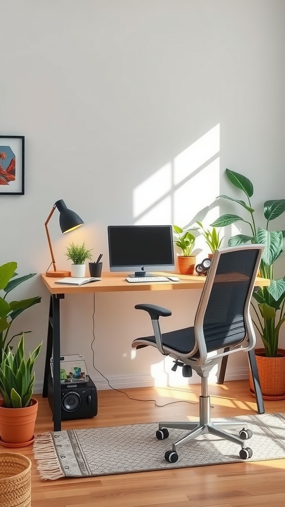 A well-organized home office with a wooden desk, ergonomic chair, computer, plants, and natural light