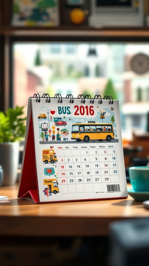 A desk calendar on a wooden table with a city view in the background.