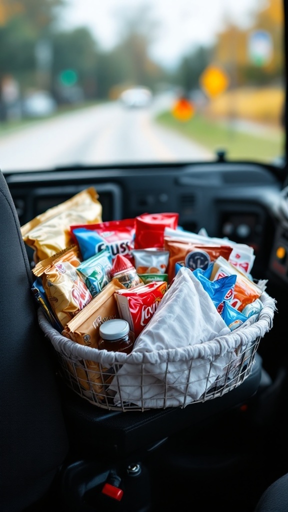 A gift basket of snacks placed on a bus seat.