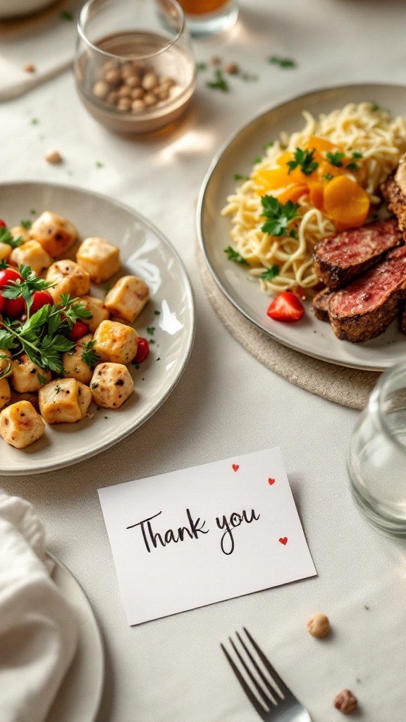 A table set with delicious food and a 'Thank you' card.