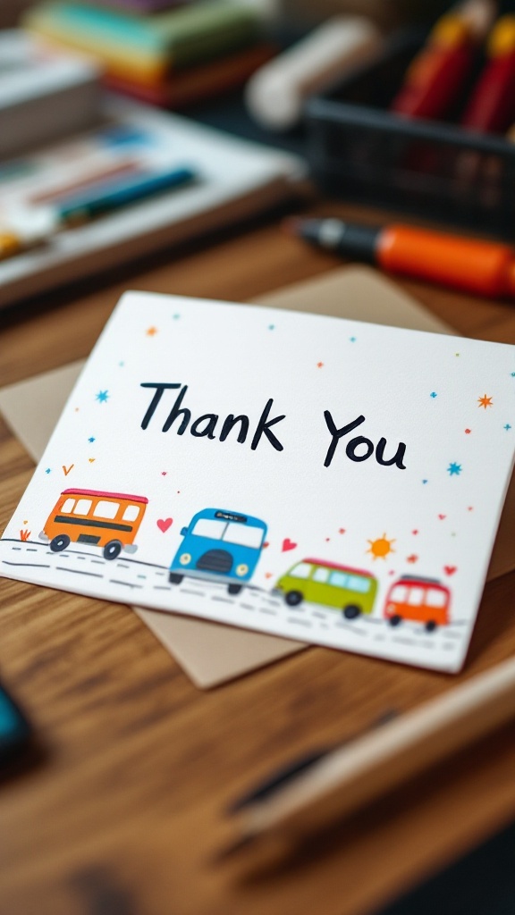 A colorful handmade thank you card featuring cars, hearts, and cheerful designs.