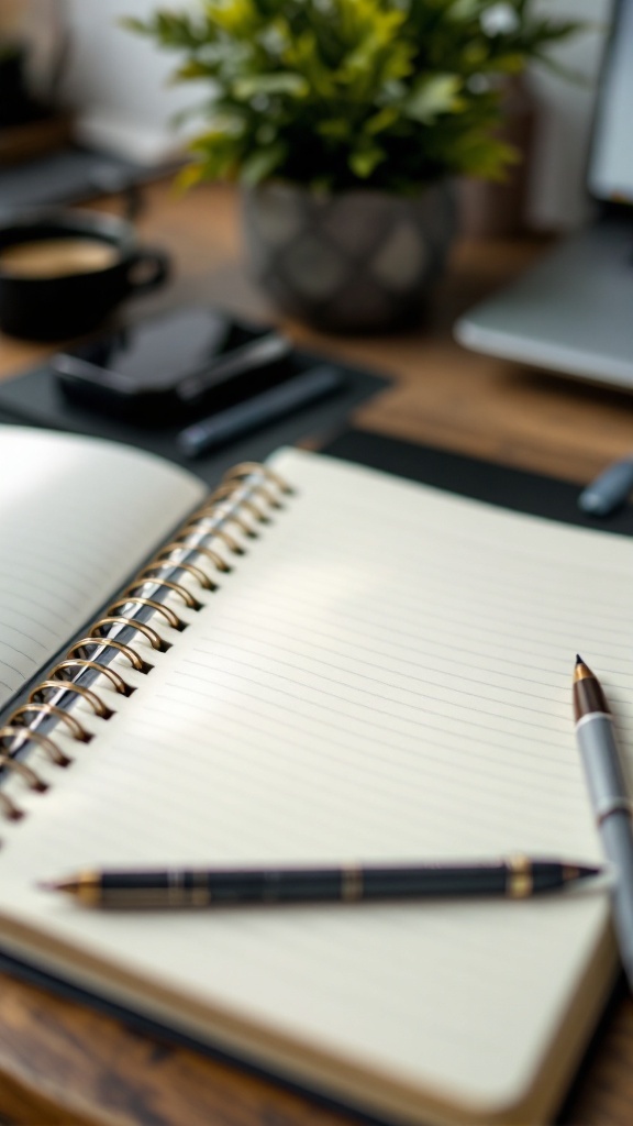 A high-quality open notebook with a pen beside it on a wooden desk.