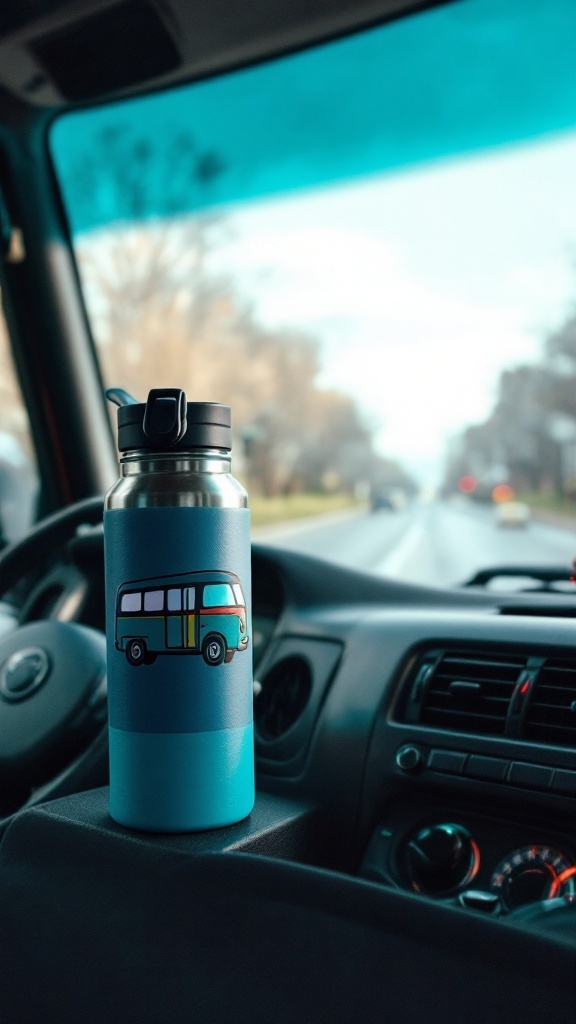 An insulated water bottle with a bus design resting on the dashboard of a vehicle.