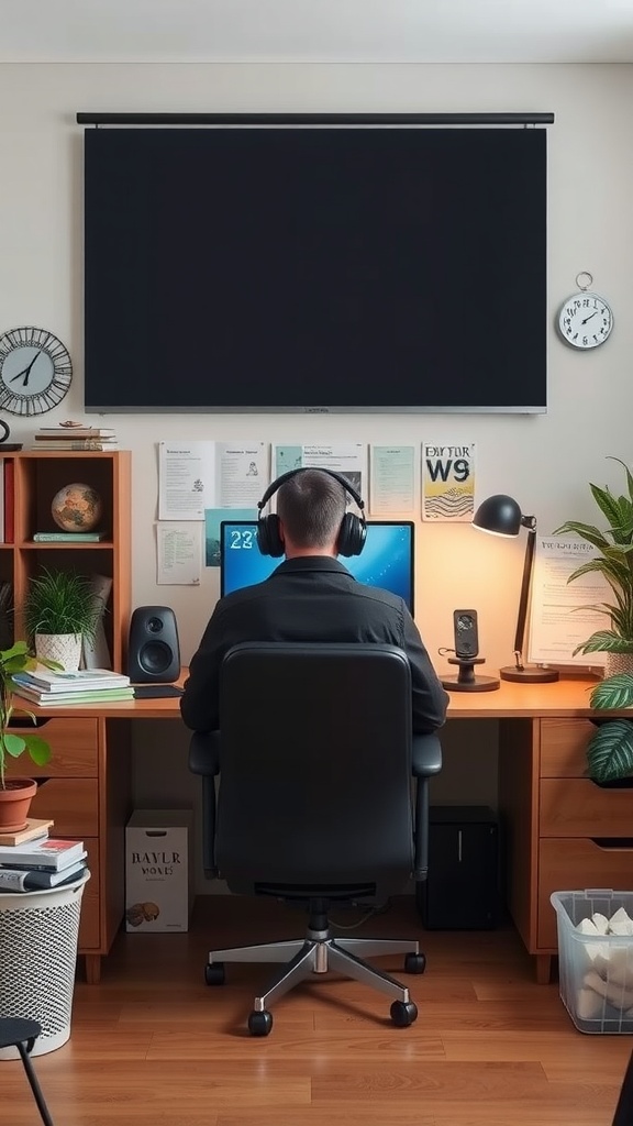 A focused individual working at a tidy home office setup with plants, a computer, and organized paperwork.