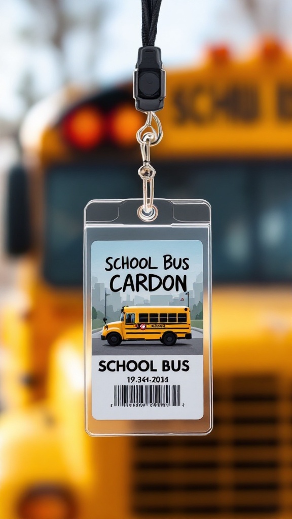 A personalized badge holder hanging in front of a bus, featuring a colorful design.