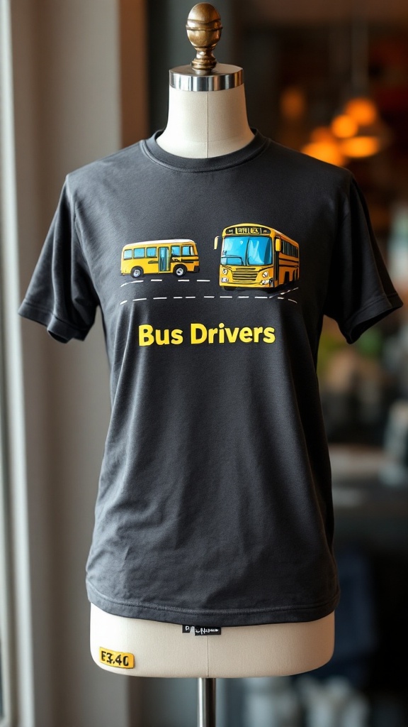 A personalized t-shirt for bus drivers featuring colorful illustrations of buses and cars.